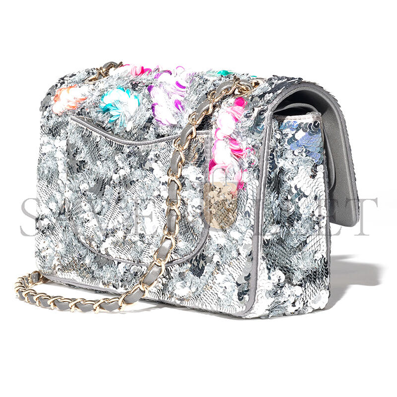 Ch*el classic 11.12 handbag embroidered satin, sequins, glass pearls a01112 (25.5*15.5*6.5cm)